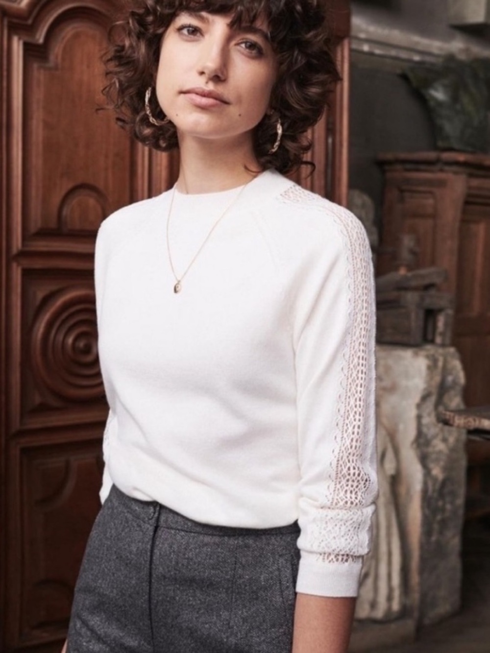Sezane Cream Crewneck Sweater with Lace-Trim Sleeves